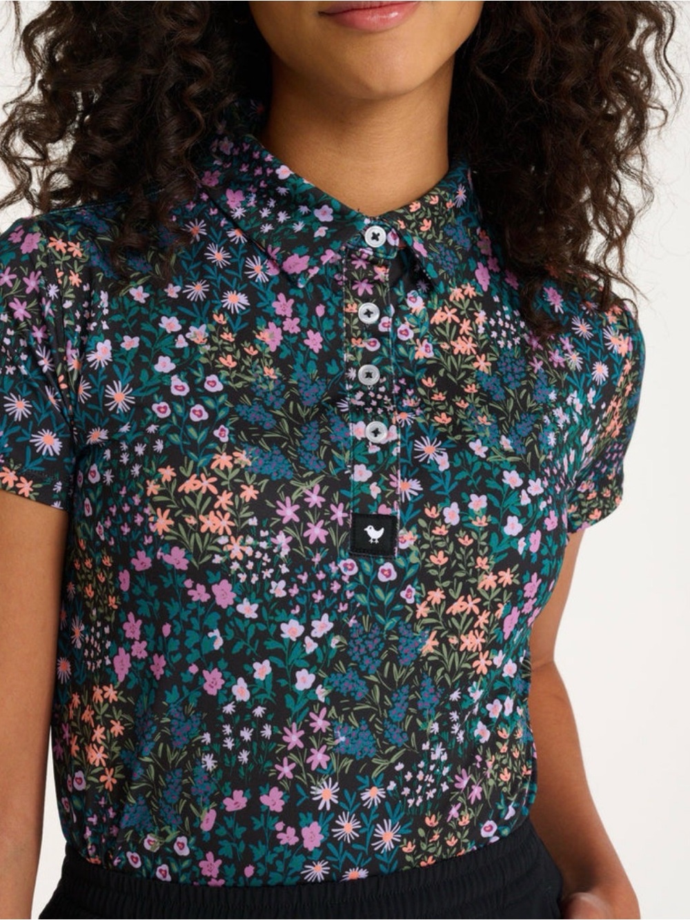 Bad Birdie Black Multi Floral Polo Tee
